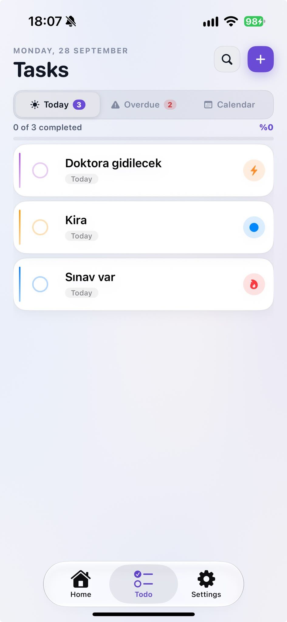 Talivo tasks screen with Today, Overdue and Calendar tabs